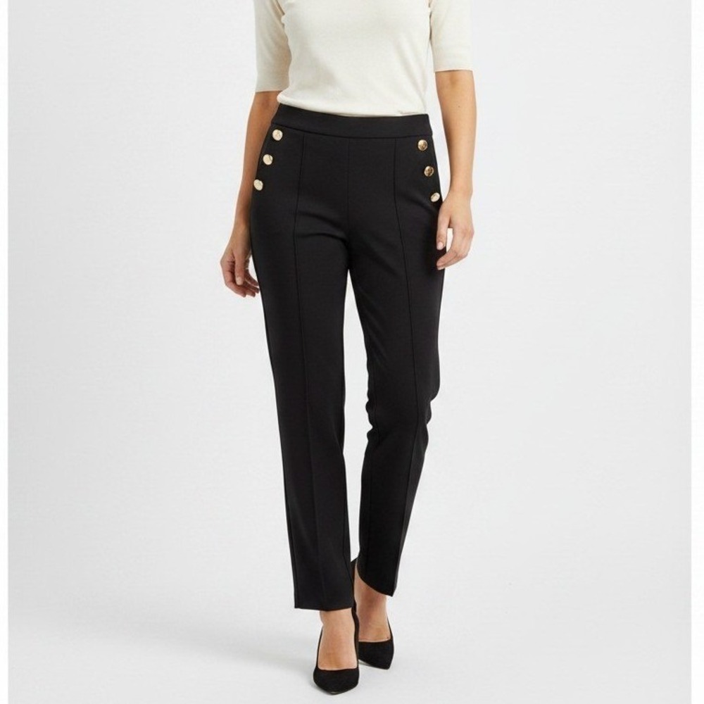 Quince Ultra Stretch Ponte Mariner Pants XL Black Straight Leg Gold Button